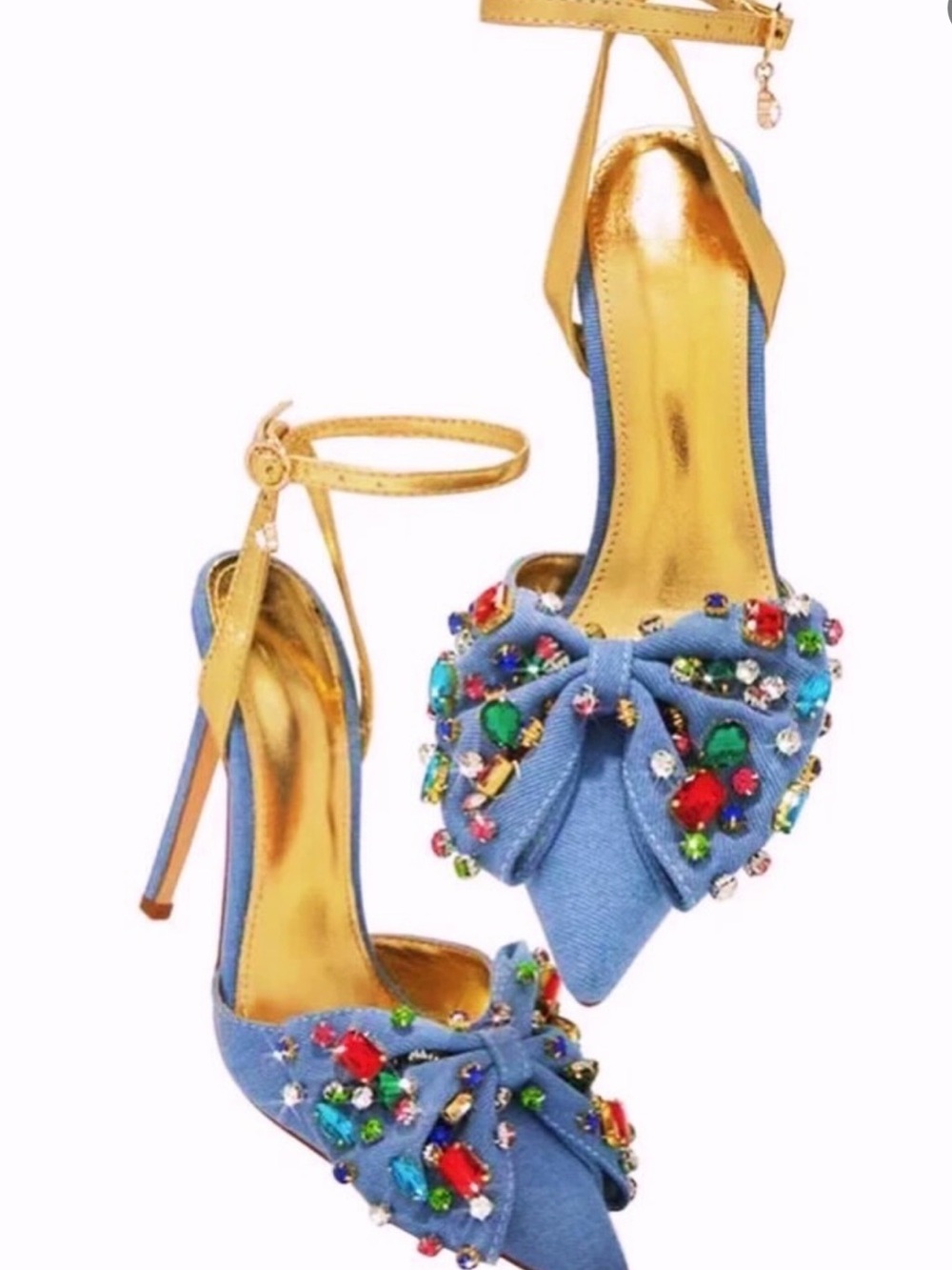 Azalea Wang Blue Jeweled Pointed-Toe Ankle-Strap Heels 8.5